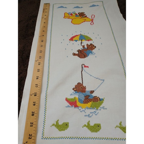 VTG Cross Stitched Baby Nursery Art Wall Decor Bear Plane Boat Completed - Picture 5 of 5